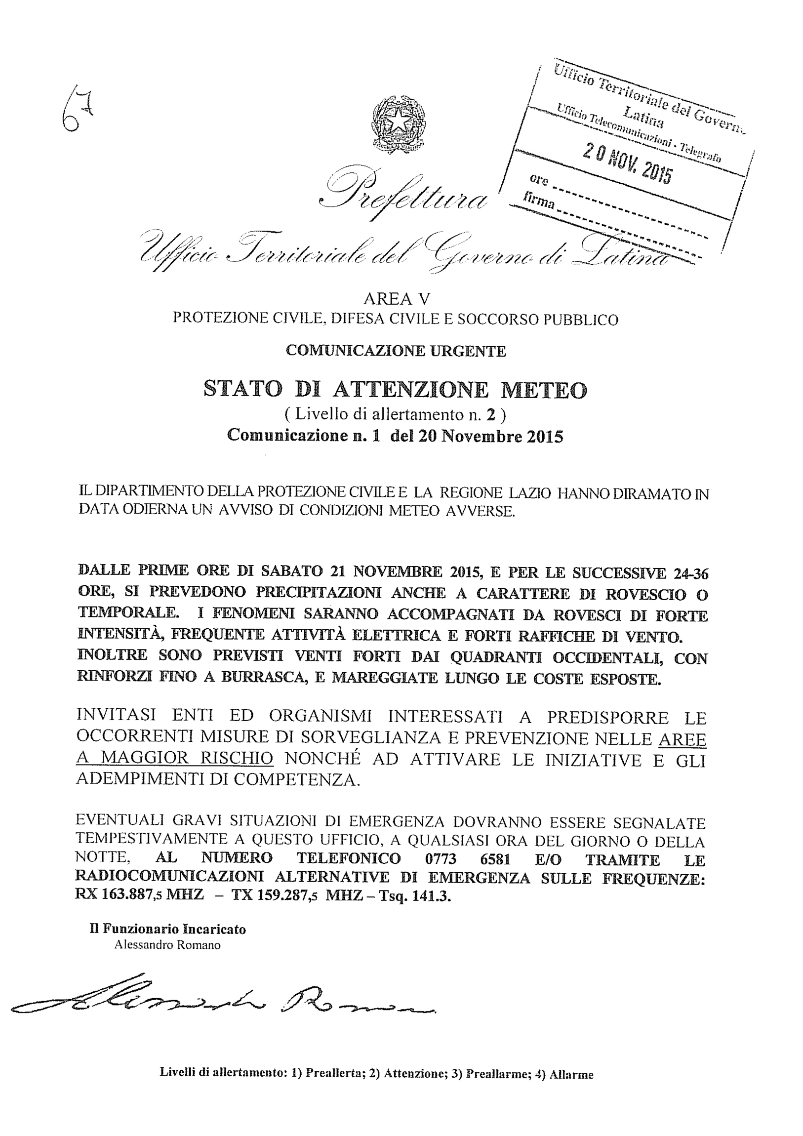 COMUNICATO PREFETTURA STATO DI ATTENZIONE METEO